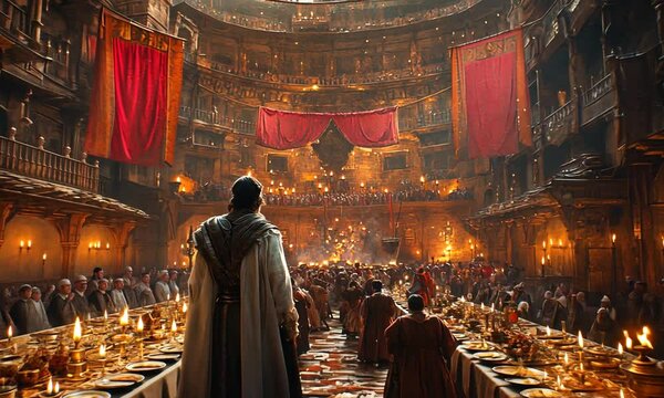 A lone figure in regal attire stands at the end of a grand banquet hall, observing the opulent feast unfolding before them in a historic setting.