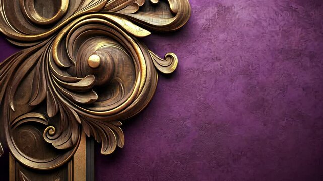 Intricate wooden scrollwork against a rich purple wall showcasing elegant design elements