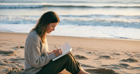 Young woman writing in notebook on sandy beach near ocean at sunset