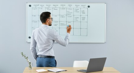 Naklejka premium Man writing on whiteboard calendar in office setting with laptop desk