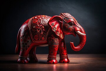 Silhouette of Ornate Red Elephant Figurine with Floral Detailing on Bright Background