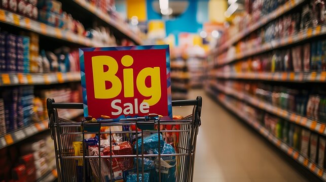 Shopping Cart Big Sale In Supermarket Aisles