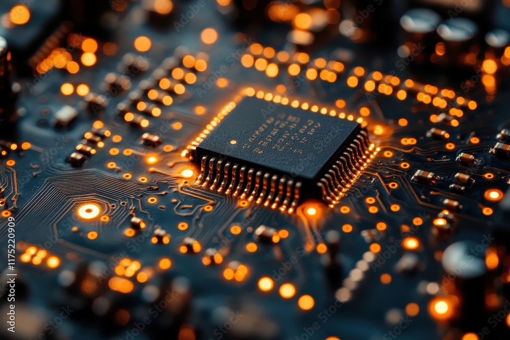 Poster close-up view of a microchip on a circuit board illuminated by glowing lights in a dark environment 