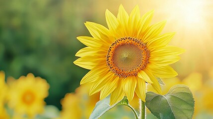 Fototapeta premium Bright and Vibrant Sunflower Bathed in Warm Sunlight Surrounded by Lush Green Background