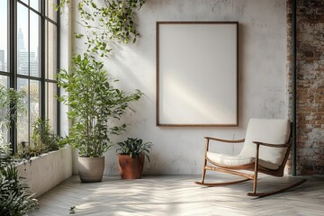 a sleek mockup frame elegantly displayed in a minimalistic modern interior showcasing contemporary furniture with a focus on clean lines and light colors ideal for artistic presentations