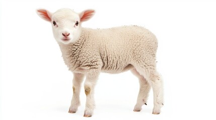 Fototapeta premium Adorable Fluffy White Lamb Standing on Clean Background