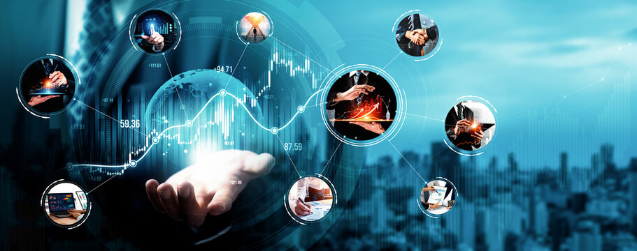 Futuristic business digital financial data technology concept for future big data analytic and business intelligence research for businessman analyst invest decisions making panoramic banner vexel