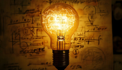 A glowing lightbulb radiating scientific thought, with physical and mathematical formulas in the background AI Generated