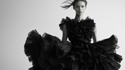 Fototapeta premium Elegant model showcases black ruffled dress in striking monochrome setting