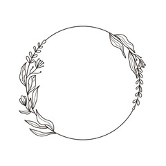 Hand-Drawn Round Frame with Leaves and Flowers