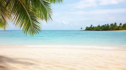 Serene tropical beach with soft sands, palm fronds, and tranquil turquoise waters under a clear blue sky.