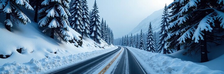 Mountain road with snow-covered trees on both sides, rugged, isolated, winter road