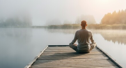 Man of Caucasian ethnicity meditating on dock by serene lake in morning fog