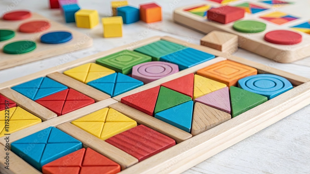 Poster a wooden toy with many different colored blocks