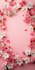 Fototapeta premium Cherry blossoms on a pink background for spring decor