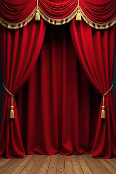 Ornate red curtain with gold trim and tassels, tassel detail, chromolithograph