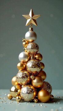 Ornate silver and gold ornaments stacked like a Christmas tree atop a star, gold ornaments, gift