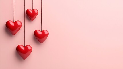 Small Red Hearts Hanging on Strings Against Soft Pink Pastel Background for Love Themes