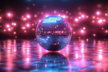 Obraz premium a sparkling disco ball surrounded by vivid neon lights creates an electrifying atmosphere typical of a retro nightclub inviting viewers to the nostalgia of disco parties