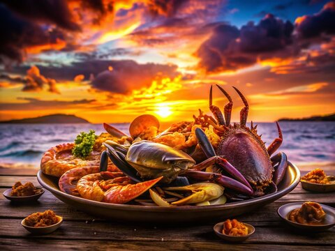 Silhouette of Seafood Mariscada Feast at Sunset, Coastal Dinner
