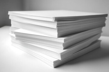 a stack of blank white paper sheets neatly arranged set against a bright white background emphasizing simplicity and cleanliness for artistic or organizational purposes