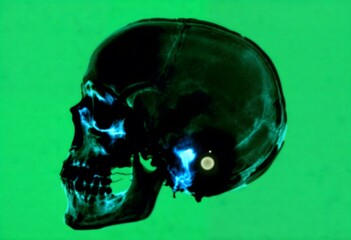 Mysterious X-Ray of a Human Skull: Intriguing Medical Scan with Subtle Lighting and a Green Background, Revealing the Intricate Details of Bone Structure, ideal for medical and science publications