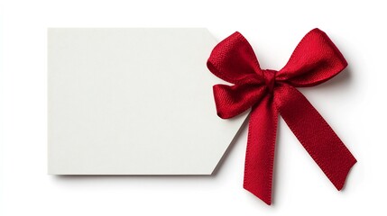 Blank Red Ribbon Tied Elegant Gift Tag on White Background