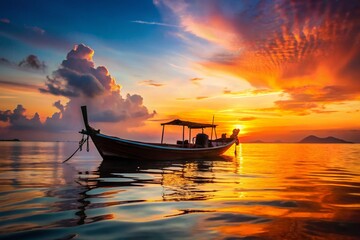 Silhouette of Traditional Thai Longtail Boat at Sunset
