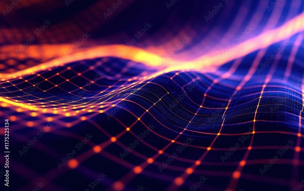 Poster vibrant abstract wave pattern with glowing lines and dots, representing digital technology and data 