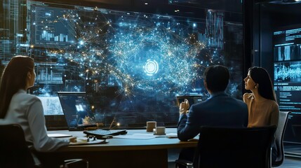 Business team analyzes data on a large screen, showing network connections and digital information.