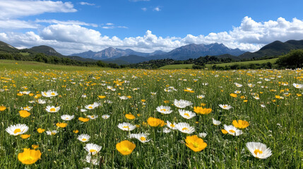 Vibrant flower field with mountains in background under blue sky