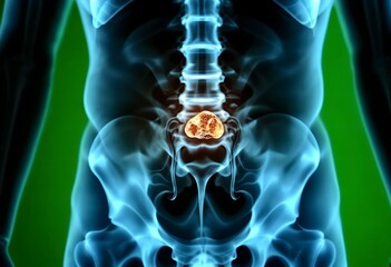 3D Medical Illustration of a Tumor on the Human Spine:  Detailed X-Ray Style Anatomy Visualization for Healthcare Professionals and Educational Purposes.  Shows the affected area with high precision,
