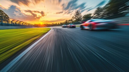 Race Cars Speeding on Track at Sunset