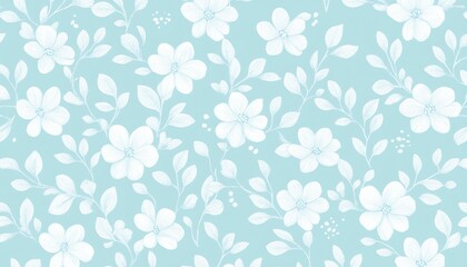 A delicate floral pattern featuring white flowers and green leaves on a soft blue background, perfect for trendy designs.