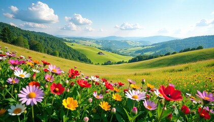 Fototapeta premium Rolling hills covered with colorful wildflowers, flowers, countryside