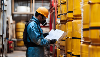 A laborer inspects the hazardous substance data sheet in a chemical storage area, ensuring safety precautions in place AI Generated