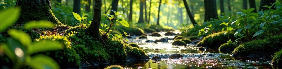 Fototapeta premium Saplings growing near a babbling brook in the forest with sun filtering through leaves, forest floor, woodland