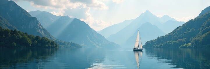 Naklejka premium Serene lake in the Alps with misty mountains and a sailboat, serene, water, landscape