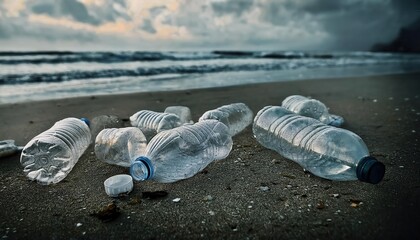 Discarded plastic bottles and trash littering a sandy beach with ocean waves in the background symbolizing environmental pollution and the global plastic waste crisis