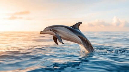 Fototapeta premium Dolphin Leaping Joyfully Out of Calm Ocean Water Under Beautiful Sunset Sky
