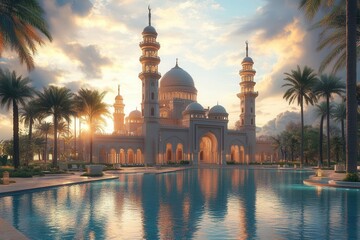 Naklejka premium a stunning 3d rendering of a mosque surrounded by palm trees and a tranquil pool bathed in the warm light of sunset evoking serenity and spirituality