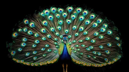 Majestic Peacock Displaying its Vibrant Plumage Against a Black Background A Stunning Close-Up of a Peacock's Tail Feathers