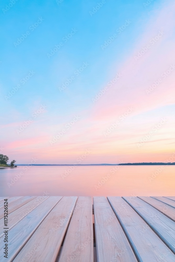 Sticker Tranquil sunset over calm water with a wooden dock, creating a serene atmosphere for relaxation and reflection.