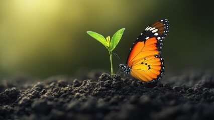 Butterfly lands on a sprouting seedling growing from a cracked stone, symbolizing resilience and growth in challenging business environments