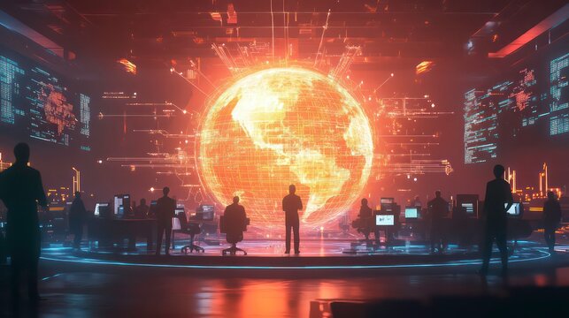 Global network control center with analysts monitoring a fiery Earth hologram.