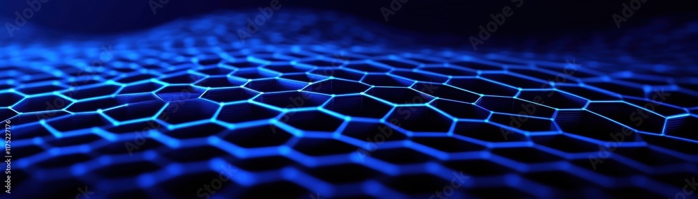 Poster futuristic blue hexagonal pattern creating an abstract digital landscape with vibrant glowing lines 