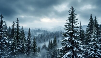 Fototapeta premium A misty and moody winter landscape with snow covered evergreen trees in a forest at dusk