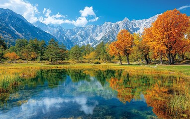 Serene autumnal lake reflecting majestic mountains and colorful foliage.