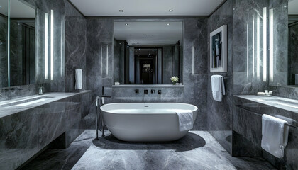 A luxurious grey marble bathroom with LED lighting, a double vanity, and a freestanding tub, epitomizing contemporary style AI Generated