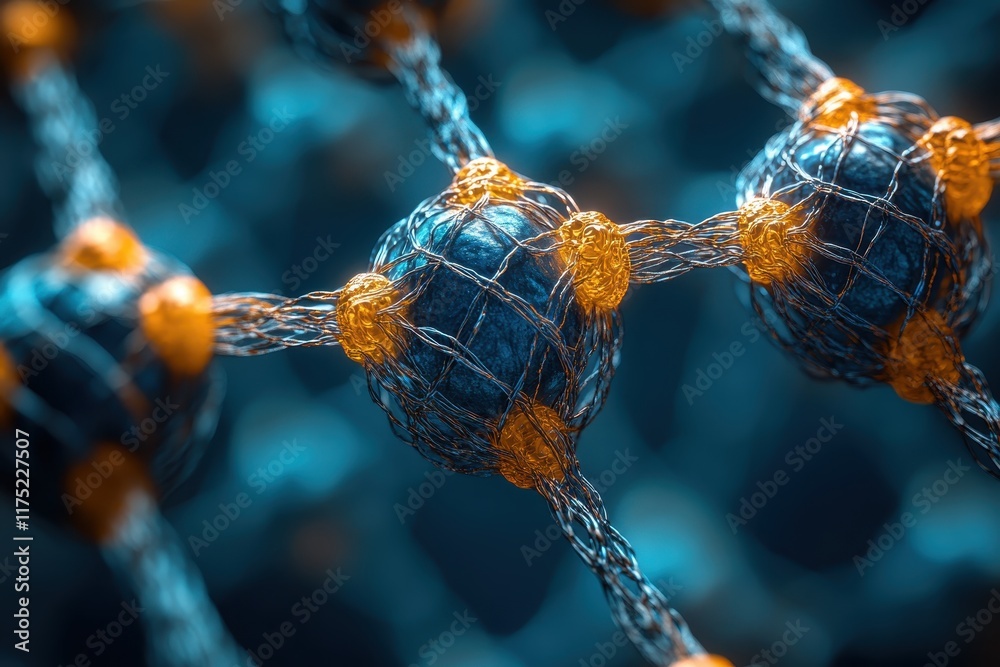 Poster exploring the intricate structure of a nanoscale material showcasing interconnected particles